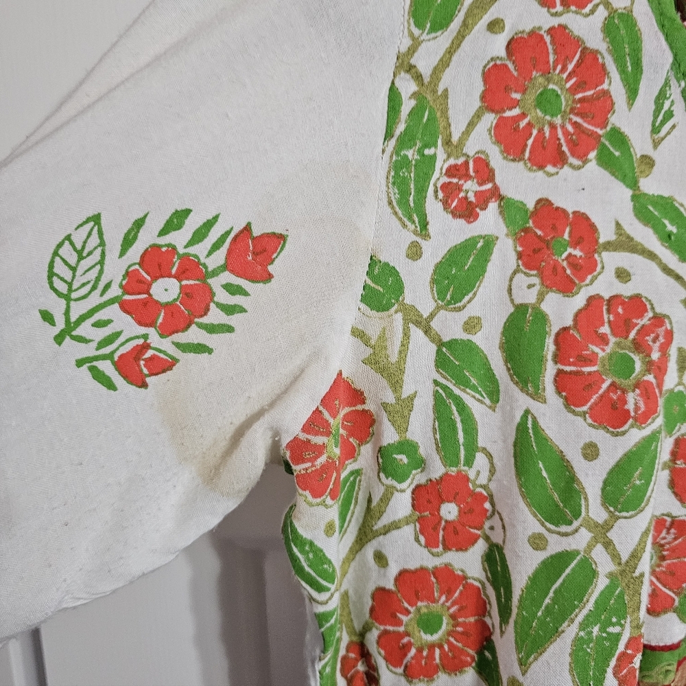 Ghungru Hand Block Print Kurta Dress Womens Small Boho Floral Cotton Vintage 90s - Picture 5 of 9